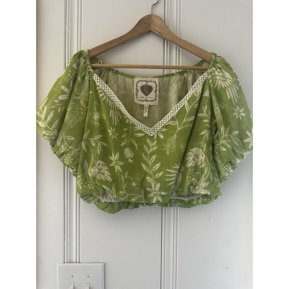 Z&L Europe Green Floral Crop Top Large Puff Sleeve Cottagecore Lace Boho Blouse